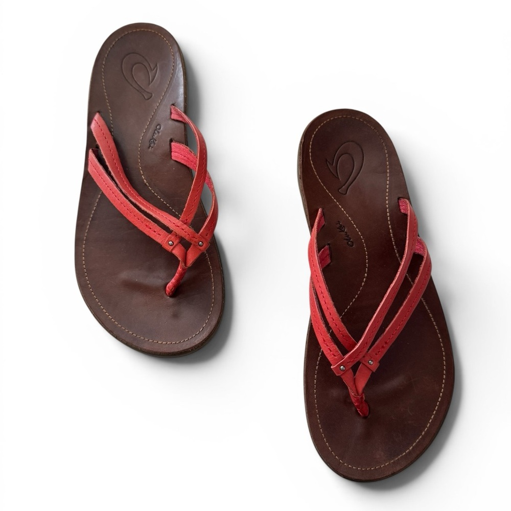 OluKai U'I Leather Strappy Thong Sandals Coral Pink Brown Beach Women's Size 7